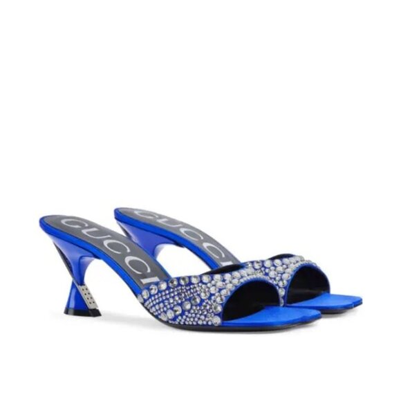 GUCCI Galactica Satin Crystal 65mm Slide Blue Sandals Size 37 NIB - Picture 3 of 9